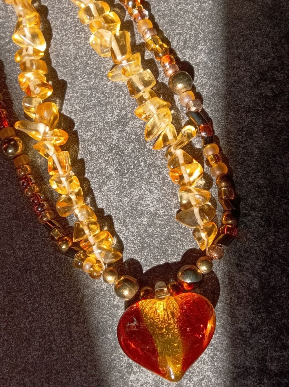 Vintage Red Gold Lampwork Glass Heart & Citrine Chip Layered Necklace